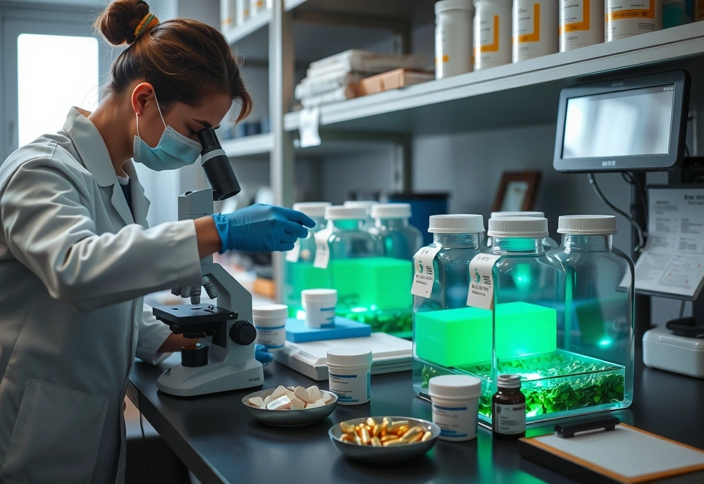 Équipe de contrôle qualité inspectant des lots de compléments